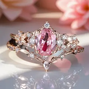 Pink Flower Synthetic Zirconia Couple Rings for Women Men Promise Stacking Birthstone Golden Engagement Wedding Jewelry