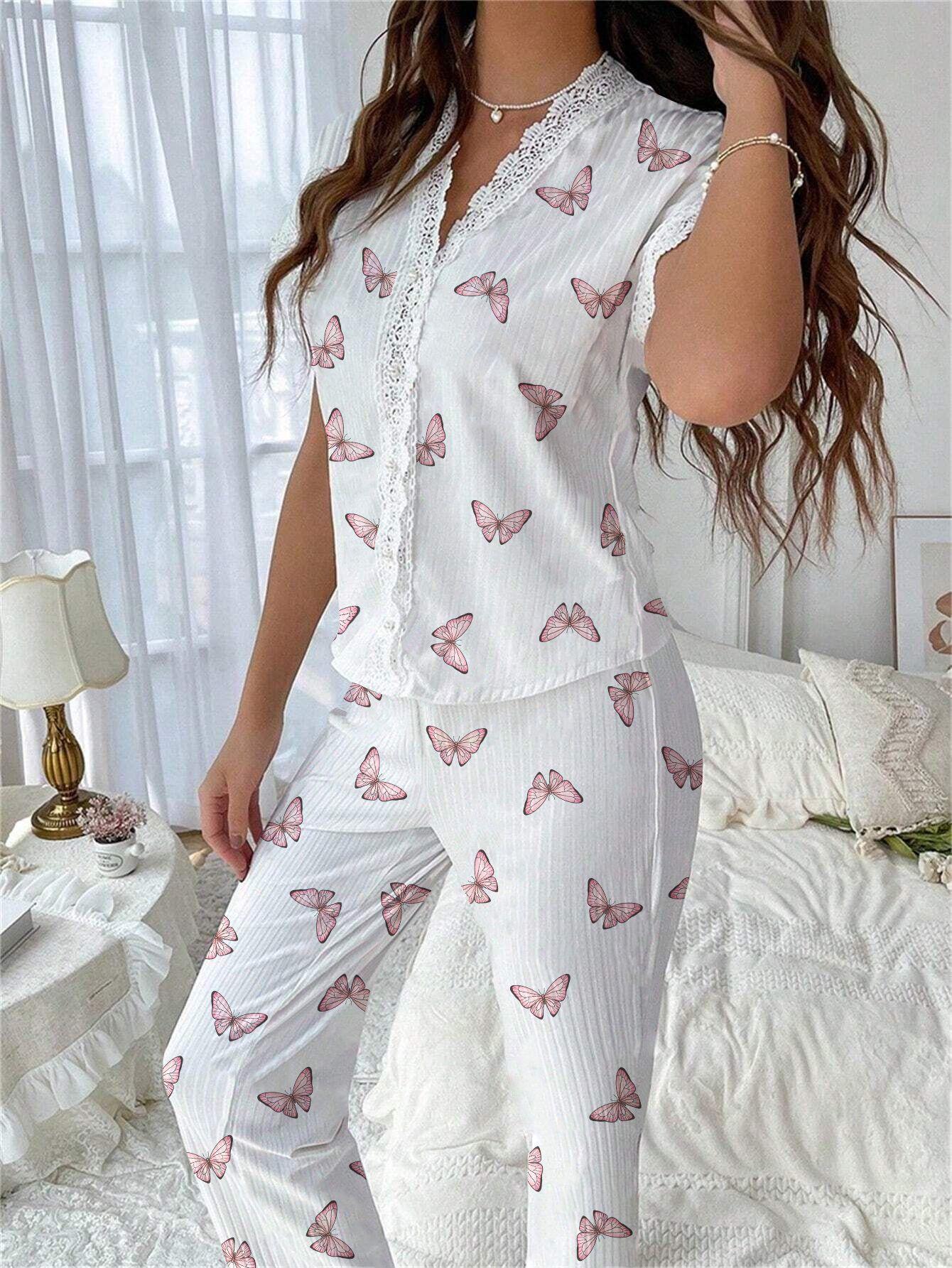 Cherry Print Short-Sleeve Collared Pajama Set for Women Oversized Style with Matching Pants