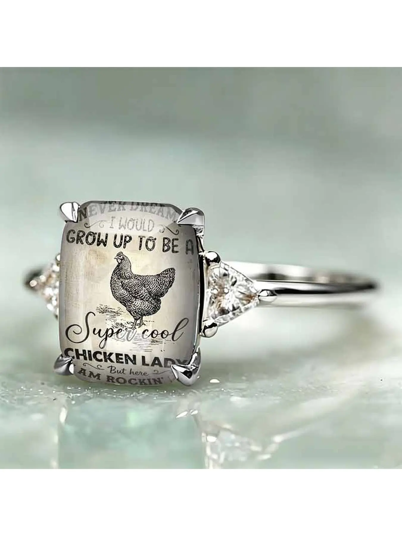 Retro hen English slogan printed square ring. Country farm-style hand-drawn hen pattern ring, suitable for chicken lovers and those with farm-themed outfits. A fun and humorous rural women's niche and personalized decorative jewelry.
