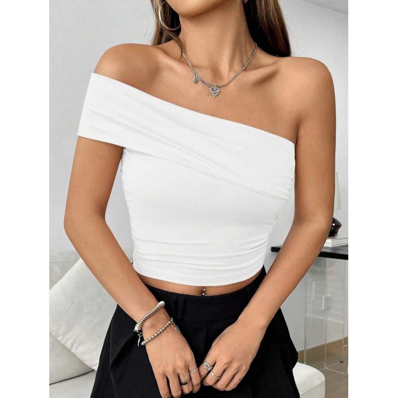 Sexy Y2K Ruched Crop Tee Shirt for Women, Solid Color Oblique Off Shoulder Short Sleeve Top, 2026 Summer Fashion Essential, Perfect for Club Party, Travel & Daily Casual Outfit