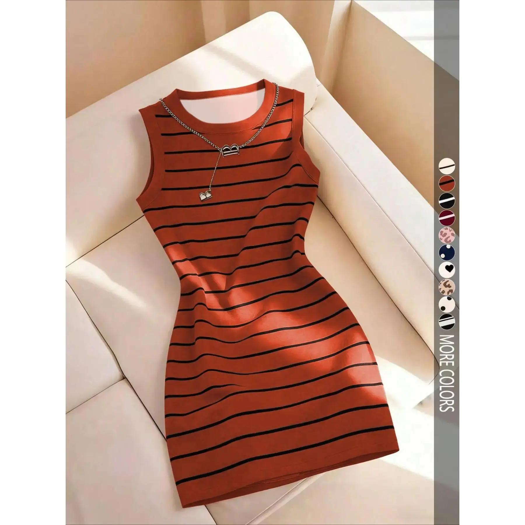 Womens Sleeveless Bodycon Dress Round Neck Striped Print Elegant Summer Casual Midi Dress Daily Vacation Party Date Street Wear for Women
