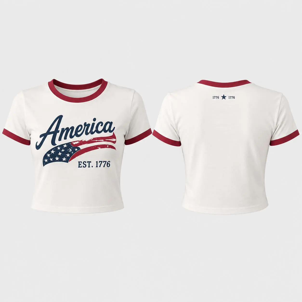 USA America EST 1776 Crop Top Women Ringer Tee Patriotic USA Flag Star Script Baby Tee Y2K Streetwear Slim Fit Cropped T Shirt Independence Day Outfit 4th of July Summer Casual Red White Blue Athletic Vintage Sport Graphic Fashion Gift for Women Girls