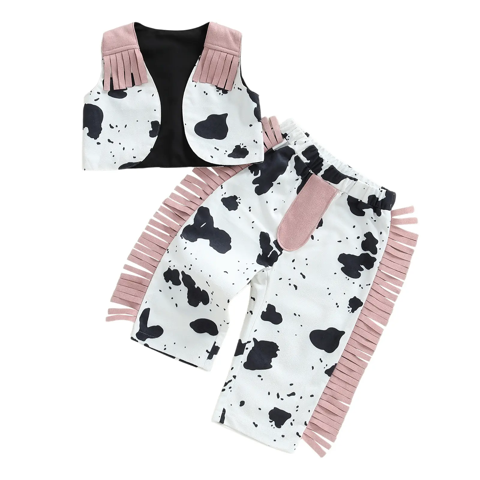 FOCUSNORM Toddler Baby Girl Western Outfit Kids Cowgirl Cow Print Top Vest Tassel Pants 2pcs Set Girls Spring Fall Clothes