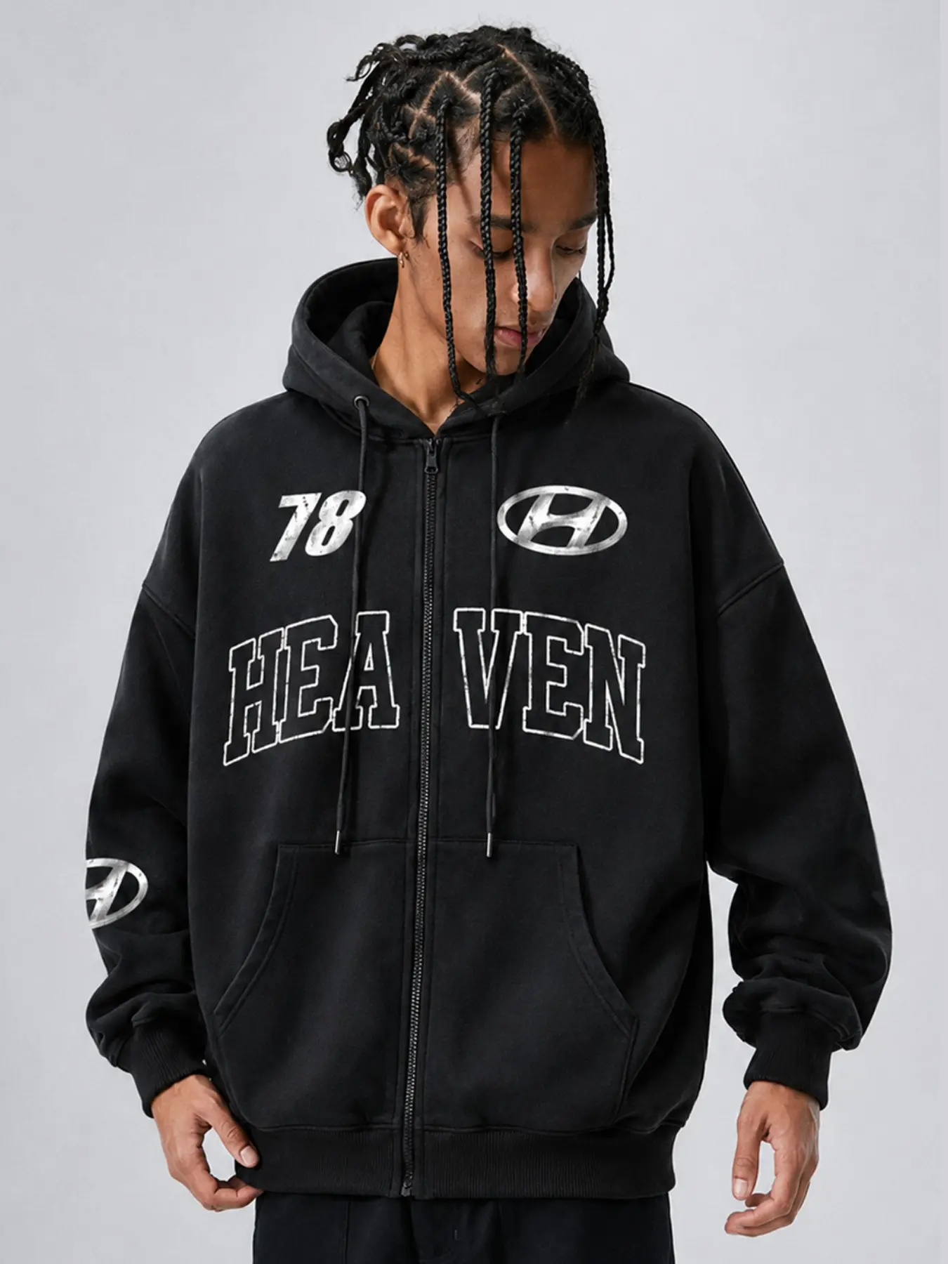 Men's Black Varsity Graphic Zip-Up Hoodie, Oversized Sleeve Jacket with Number 78, Collegiate Lettering, Patch-Style Details, Full-Zip Front and Pockets, Retro Y2K Racing Streetwear for Campus, Travel, Festivals, Parties, Layering, and Casual Wear