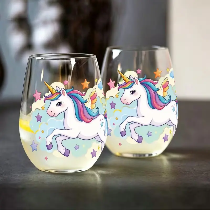 1pc Unicorn Rainbow Pattern Print 350 Ml Egg-Shaped Glass, Drinking Cup, Stemless Wine Glass, Champagne And Whiskey Glass, Scratch-Resistant, Indoor And Outdoor Party Cup, Suitable for Home, Office, Bar