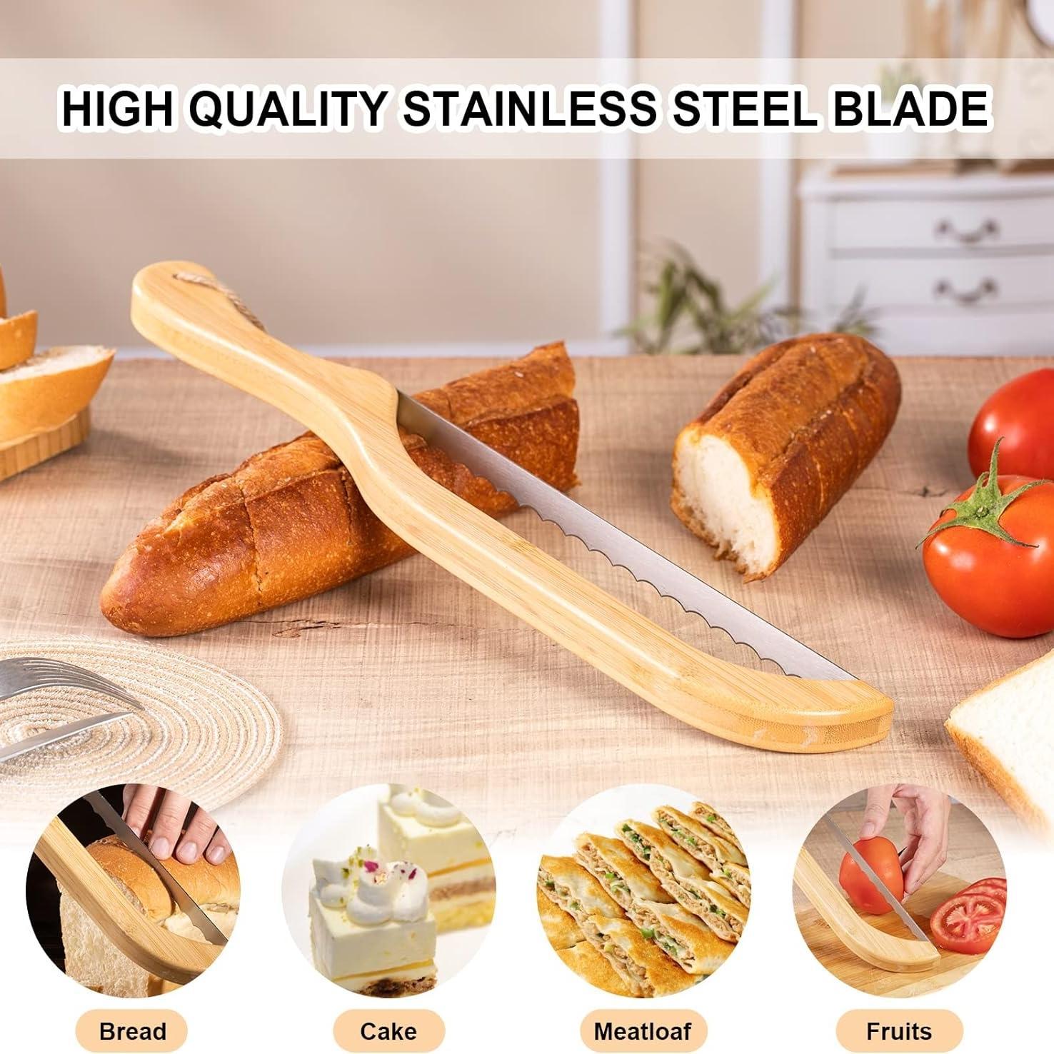 Wooden Handle Bread Bow Knife, Stainless Steel Serrated Bread Knife, Bread Slicing Knife for Home Kitchen Baking House, Utensils, Cutting Kitchenware