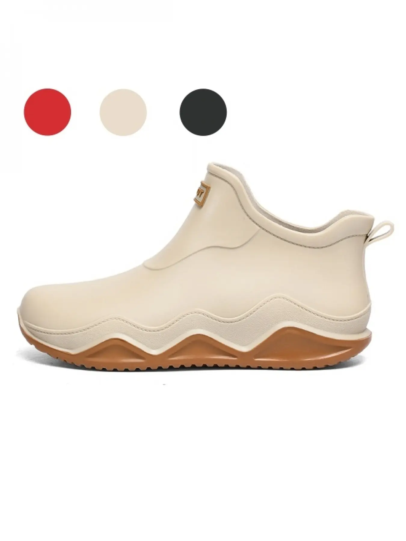 Cream Wavy Thick Sole Women Rain Boots, Deep Tread Waterproof Footwear For Camping Stream Wading