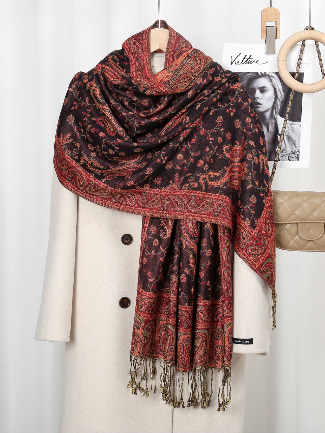 Women's Luxury Paisley Embroidered Shawl Scarf, Boho Style Shawl, Boho Jersey Hijab with Long Fringe, All Seasons Elegant Comfort Wrap