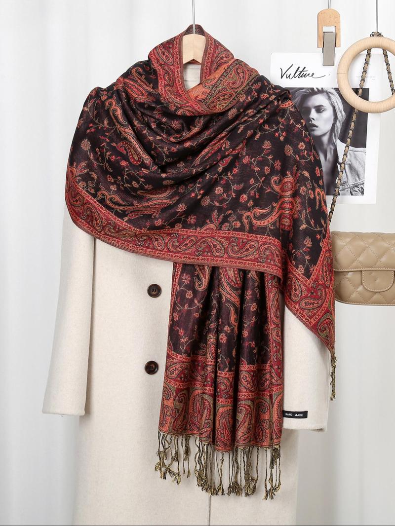 Women's Luxury Paisley Embroidered Shawl Scarf, Boho Style Shawl, Boho Jersey Hijab with Long Fringe, All Seasons Elegant Comfort Wrap