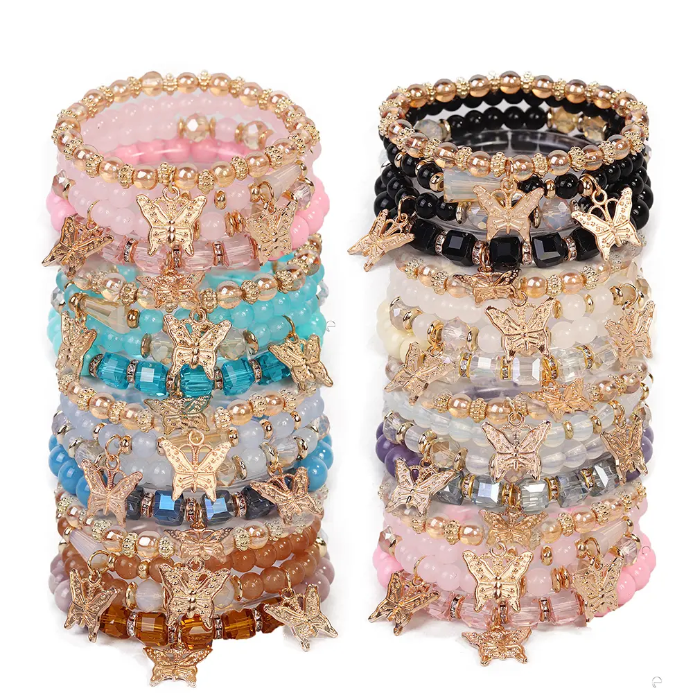 Women's 20Pcs (5 Sets) Boho Butterfly Charm Multilayer Stack Stretch Bracelets, Mix Colors Glass Bead & Gold Tone Turquoise Bracelet Set, Casual Daily Fashion Wrist Jewelry for Vacation Gift, Unisex Wear