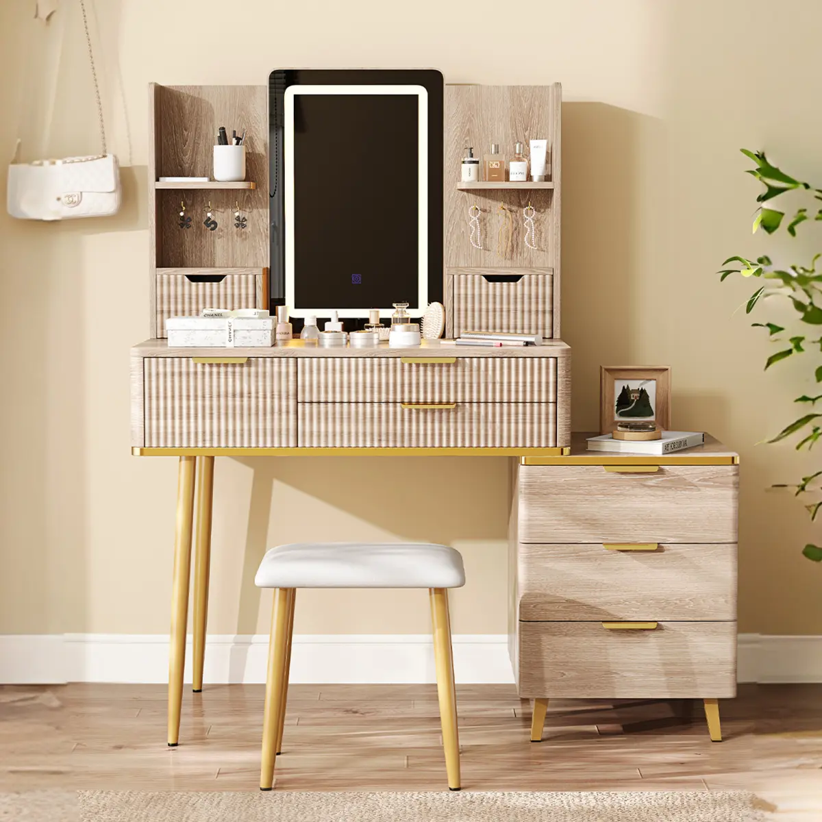 Dufominc  Beauty Vanity Desk with LED Mirror High Lumen Carved Fluted Design 7 Drawer Makeup Table with Metal Legs and PU Stool Storage Organizer for Bedroom Bathroom Elegant Dressing Station