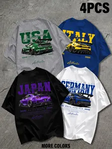 4-Pack Short Sleeve Tees, Streetwear for Car Enthusiasts, Japan Germany Italy Usa Race Car Print, Breathable Fabric, Unisex