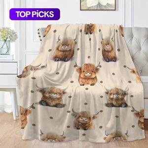 cute highland cow pattern flannel fleece blanket, soft warm napping throw blanket for home office, cool bedroom accessories, bedroom gadgets, lightweight cozy blanket for sofa bed