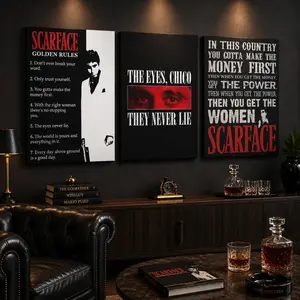 Scarface Golden Rules 3 Piece Canvas Wall Art Poster Set Luxury Man Cave, Office, Bar Room & Living Room Decor For Classic Movie Fans, Aesthetic Lovers & Men’s Room Decor High-Definition Print, Bold Black Red Design, Ready to Hang