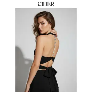 Cider Halter V-neck Ruched Rhinestone Cut Out Tie Back Top SummerWins SummerFinds