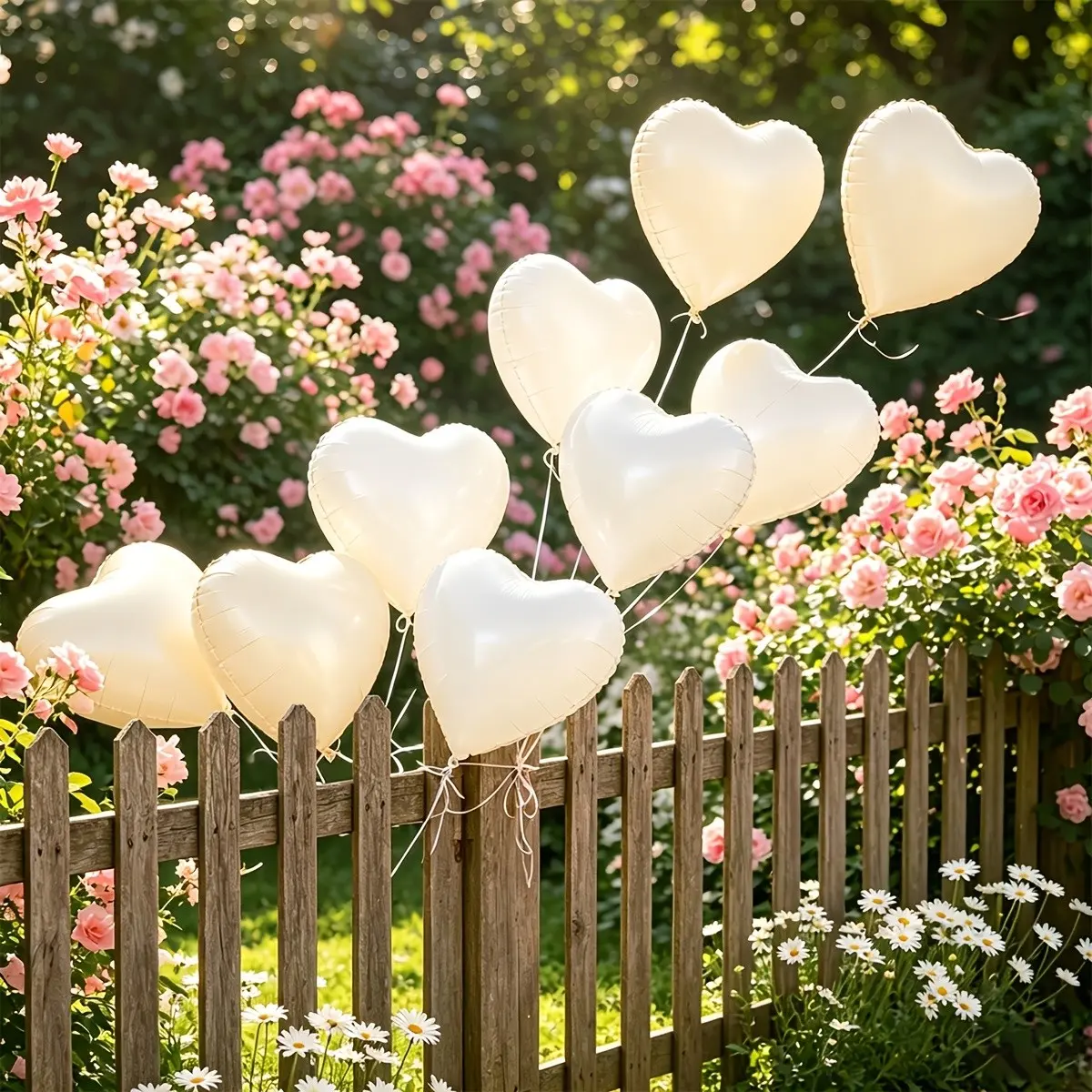 9Pcs 18 Inch Cream White Heart Foil Balloons, Helium Supported Heart Balloons with 1 Ribbon, Balloon Decorations Kit, Wedding, Birthday, Anniversary, Bridal Shower, New Year Eve & Gender Reveal Party Backdrop Decor Supplies