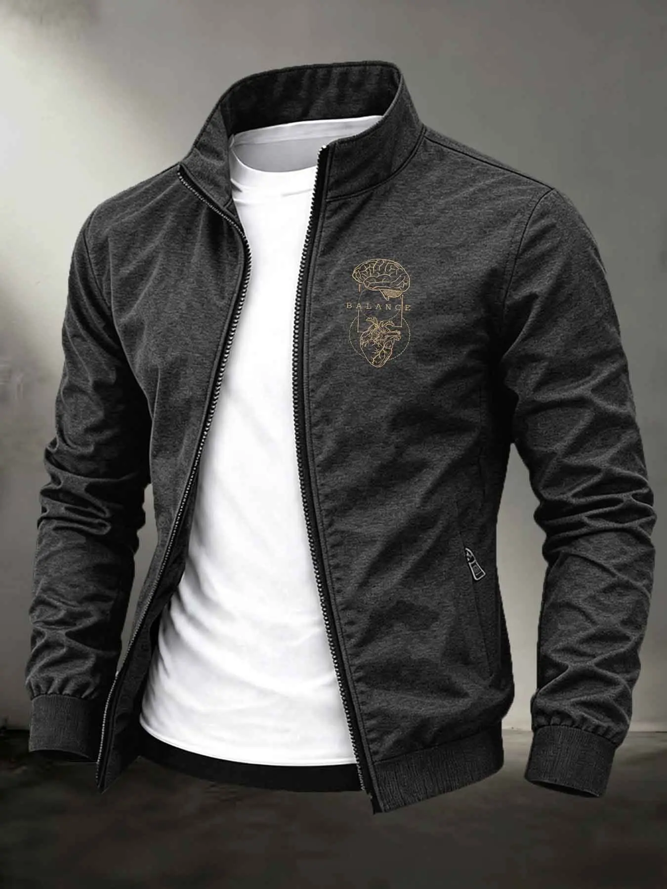 Men's Stand Collar Zip Up Lightweight Windproof Jacket, Long Sleeve, Minimal Line Art Brain Heart BALANCE Chest Graphic Print Mental Health Casual Daily Street Outerwear Rib Cuff Windbreaker #BalanceBrainHeartJacket #MentalHealthGraphic #ZipUpWindbreaker