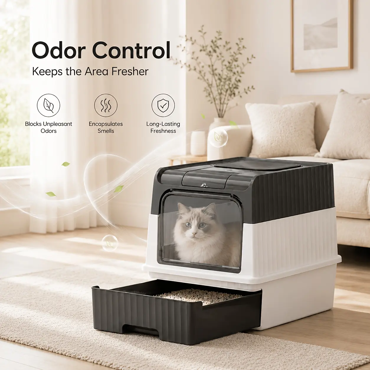 Large litter box with pull-out drawers, fully enclosed cat toilet for privacy and odor control, front entrance and top exit, leak-proof and easy-to-clean tray, large litter box with litter spatula, ideal for daily use in multi-cat households