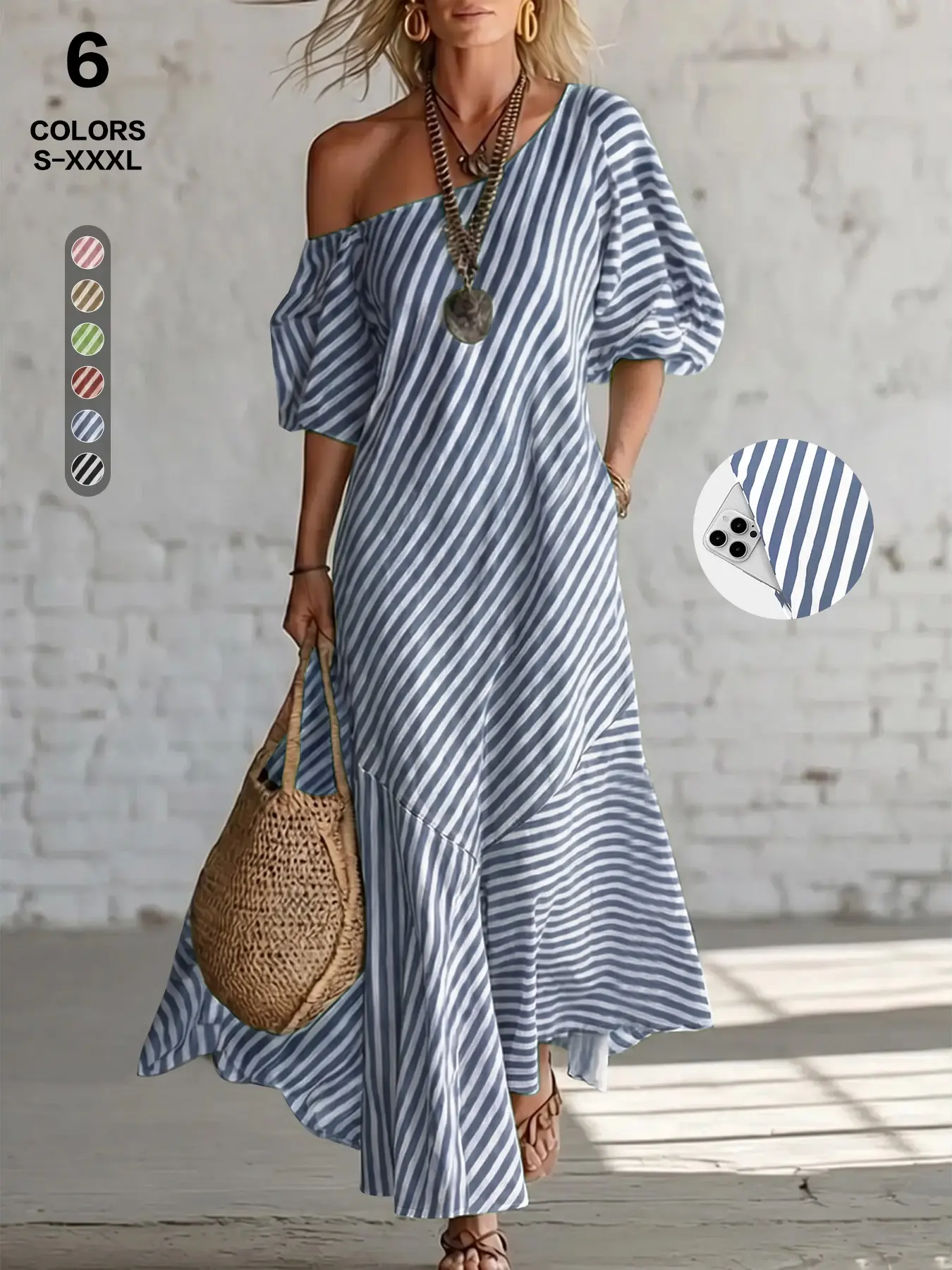Women's One Shoulder Maxi Dress, Puff Short Sleeve, Asymmetrical Hem, Loose Fit, Striped, Lightweight, Casual, Pockets, Summer, All Seasons