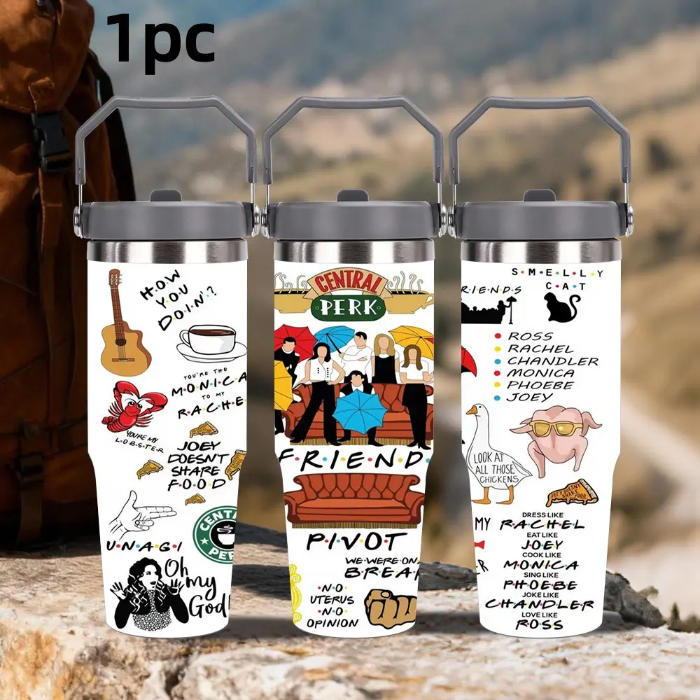 1pc 30oz Stainless Steel Insulated Straw Cup, Friends TV Show Design, Perfect for Outdoor Use, Ideal Gift for Various Holidays, Insulated Travel Tumbler