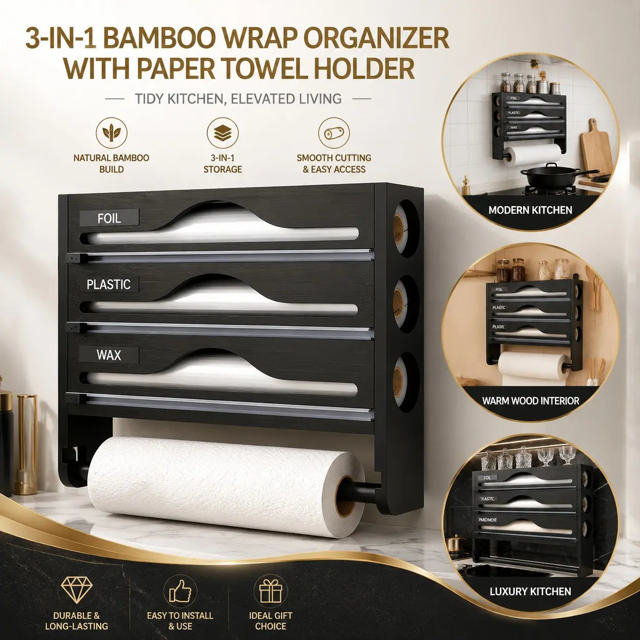 Bamboo Three-Compartment Food Wrap Cutter with Paper Towel Holder, Aluminum Foil, Trash Bag, Spice Organizer, Kitchen Storage Rack