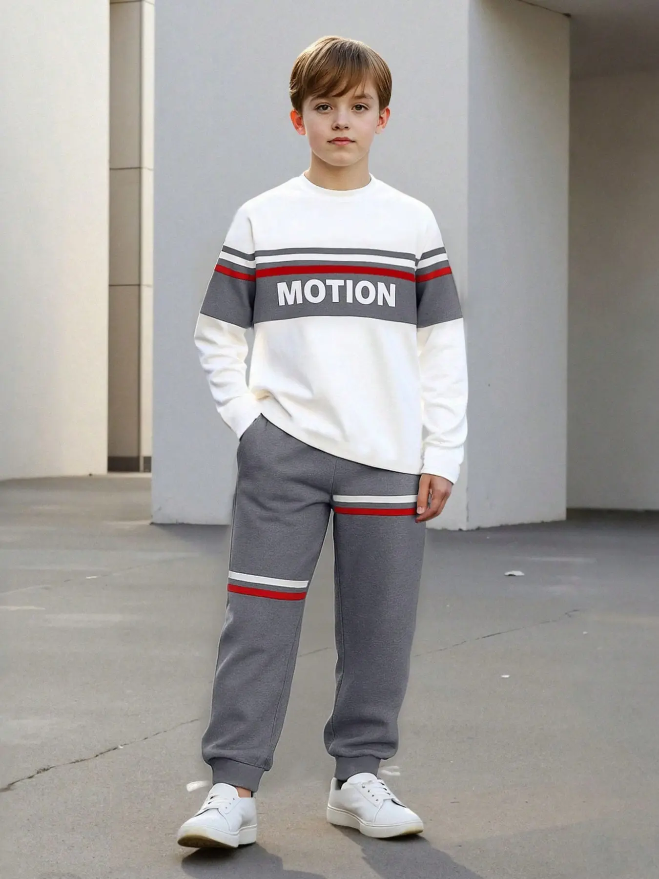 Boys' Striped Letter Print Sportswear Set, 4 Colors Long Sleeve Sweatshirt and Pants, Kids Casual Athletic, Comfortable and Stylish