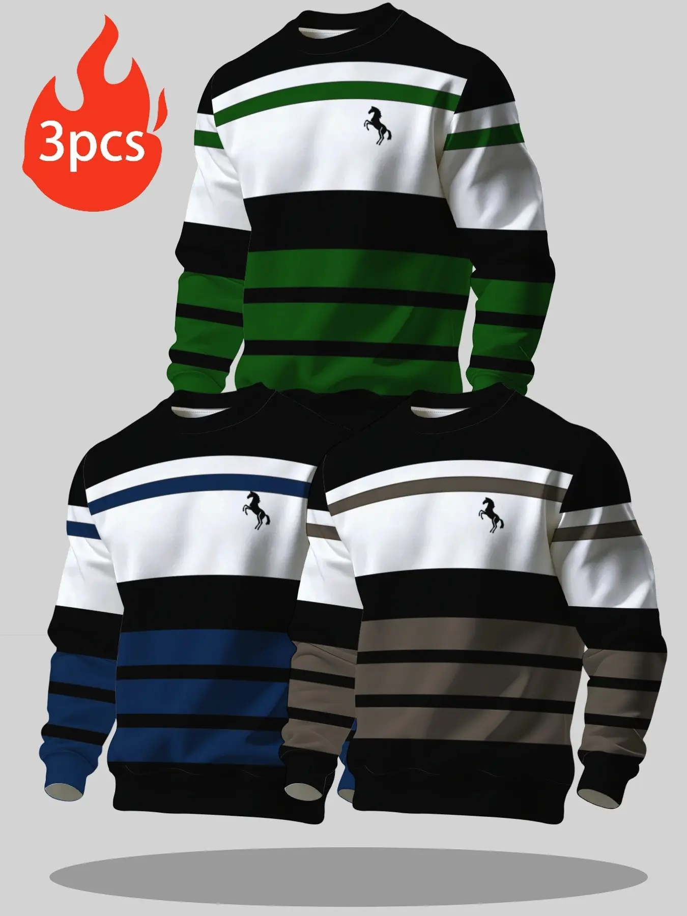 Men’s Crew Neck Sweatshirt 3Pcs Set, Horse Logo Stripe Print Pullover. Classic horizontal striped design, casual long sleeve tops, 3 different color styles in one pack for daily street outfits. #menssweatshirt #stripepullover #graphictop
