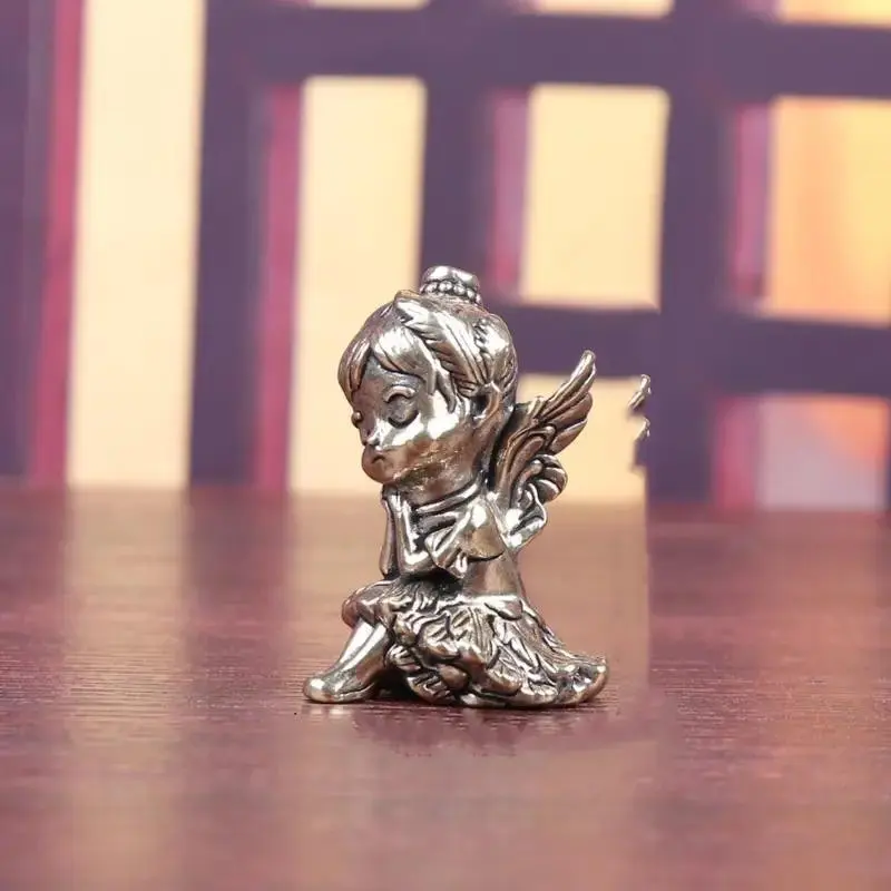 Handmade Pure Copper Angel Girl Statue, Elegant Wings and Floral Base, Indoor Outdoor Home Decor, Office Desk Ornament, Living Room Ornaments, No Power Needed, Angel Artwork