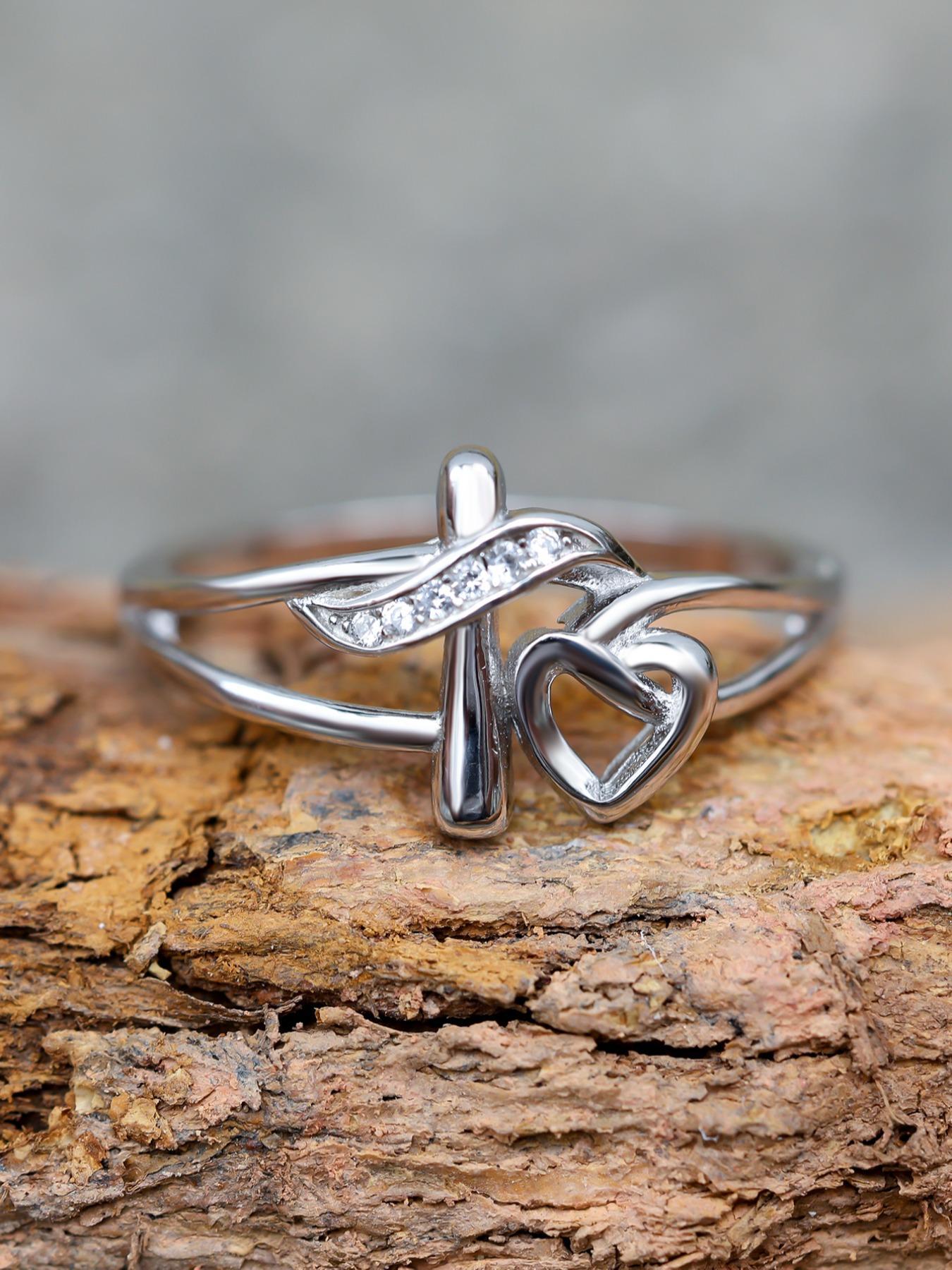 S925 Sterling Silver Hollow Out Cross & Heart Design Ring for Women, Heart Shaped Ring, Fashion Jewelry for Party, Daily Decor, Trendy All-match & Exquisite Jewelry for Birthday Gift, with Box