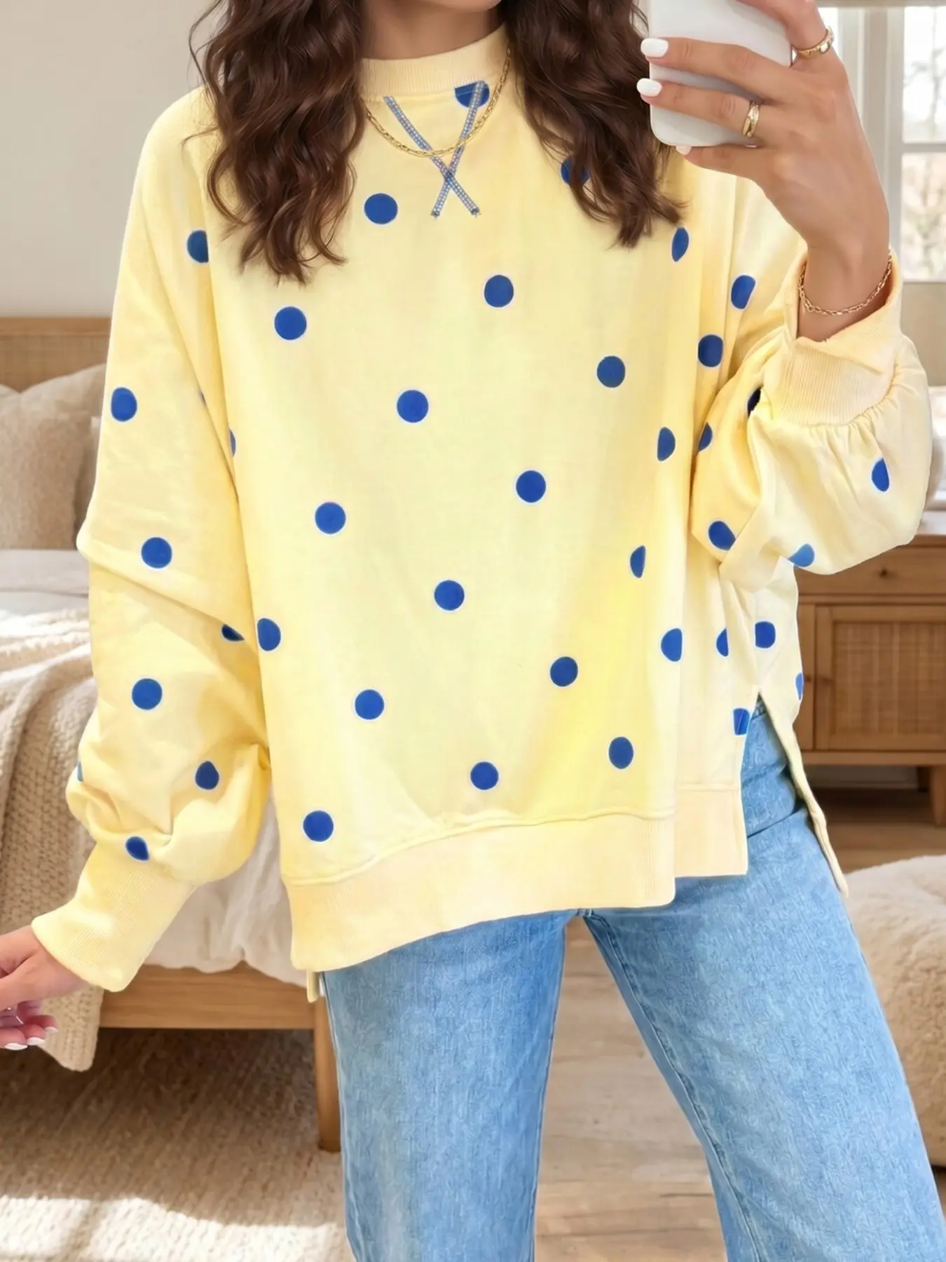 Women's Polka Dot Sweatshirt, Loose Fit Oversized Round Neck Batwing Sleeve, Colorblock Print Casual Comfortable Sporty Pullover