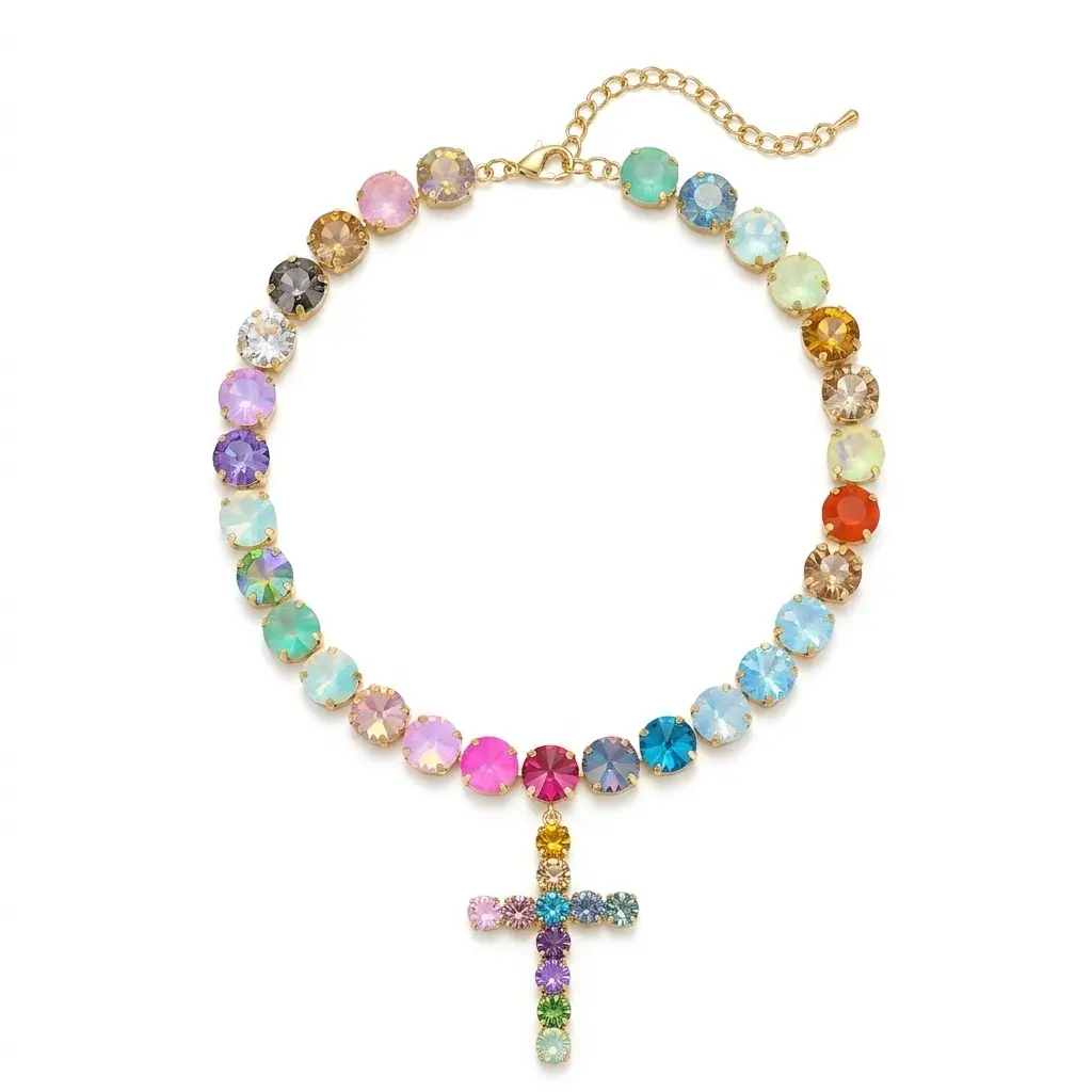 Ins Fashionable Multi layer Stacked Cross Necklace Inlaid Shiny Artificial Zircon Colorful Decor Pendant Necklace Adjustable Chain Tassel Detail Style Statement Jewelry Trendy Party Daily Wear Women Fashion Accessory