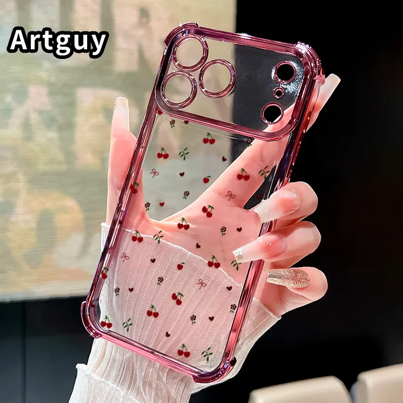 Compatible with iPhone 17 Pro Max 16 15 Plus Air 14 13 12 11 E Case Cherry Love Pattern Four Corner Drop Resistant Electroplated Transparent TPU Soft Trendy Cover