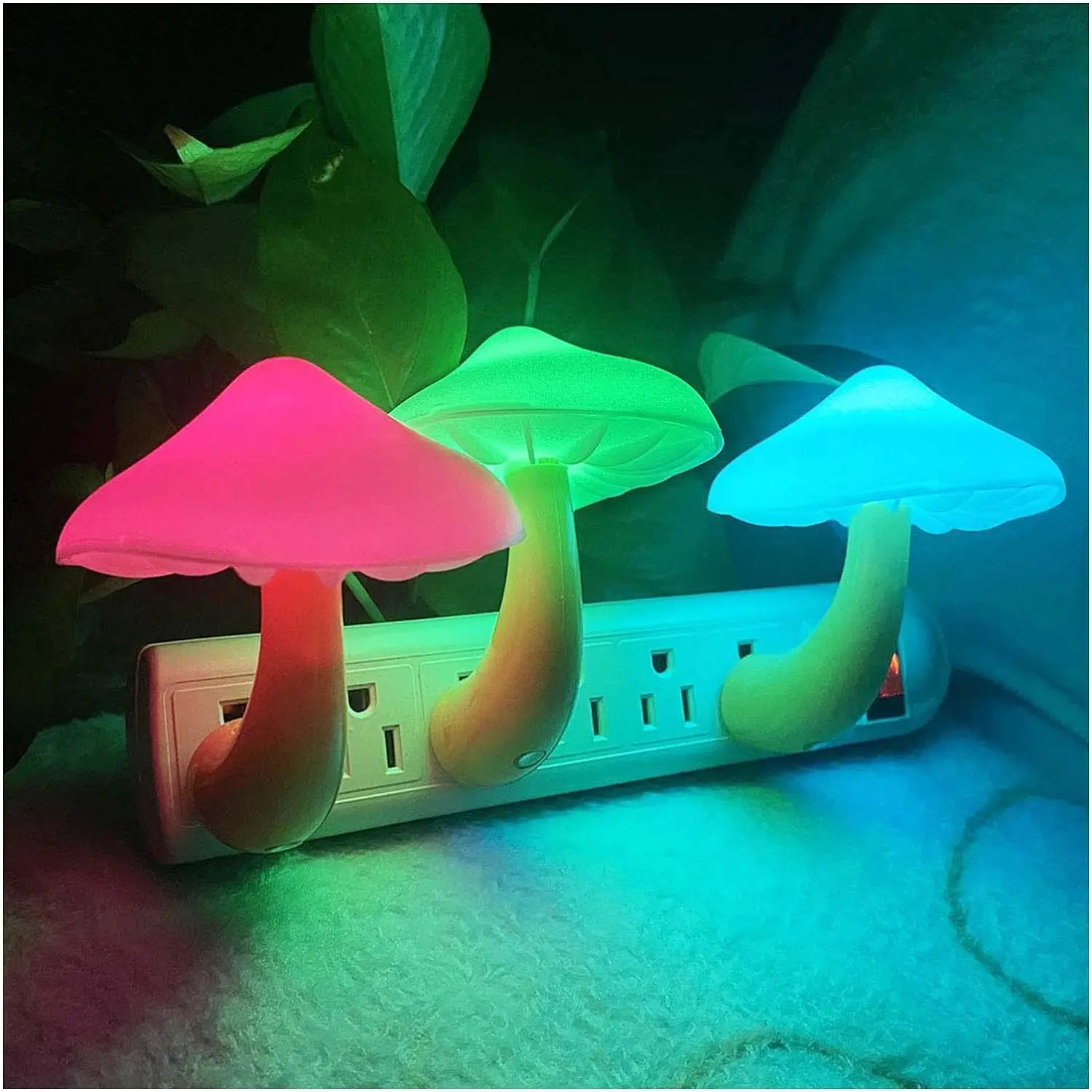 3 Pack Plug-in LED Mushroom Night Light Lamp with Dusk to Dawn Sensor, Plug in Bed Cute Nightlight Wall Lights for Kids Children (7-Color)