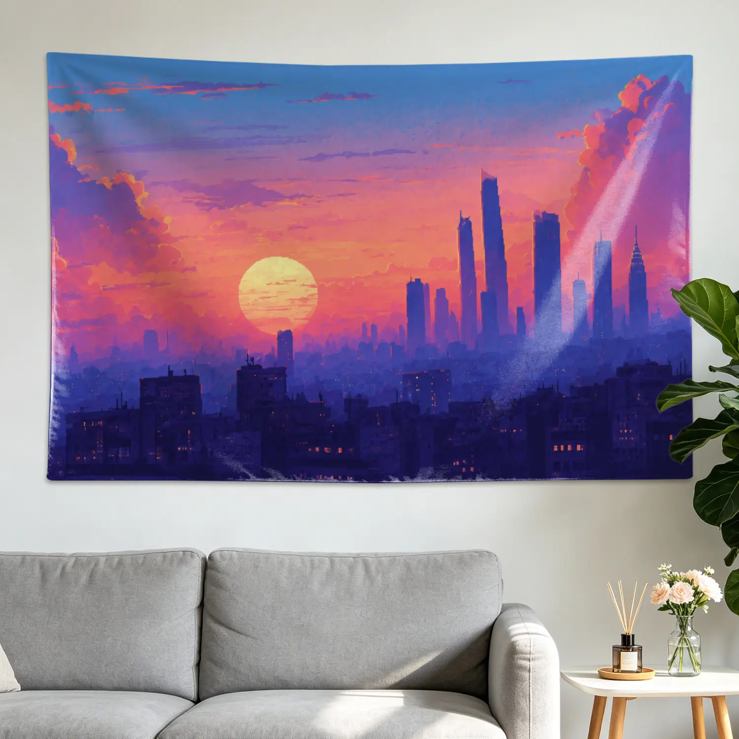Large Horizontal Sunset Cityscape Aesthetic Polyester Wall Tapestry - Decor, Artwork, Room Decor Wall Hanging Blanket for Living Room, No Installation Required, Indoor-Outdoor Gift for Family