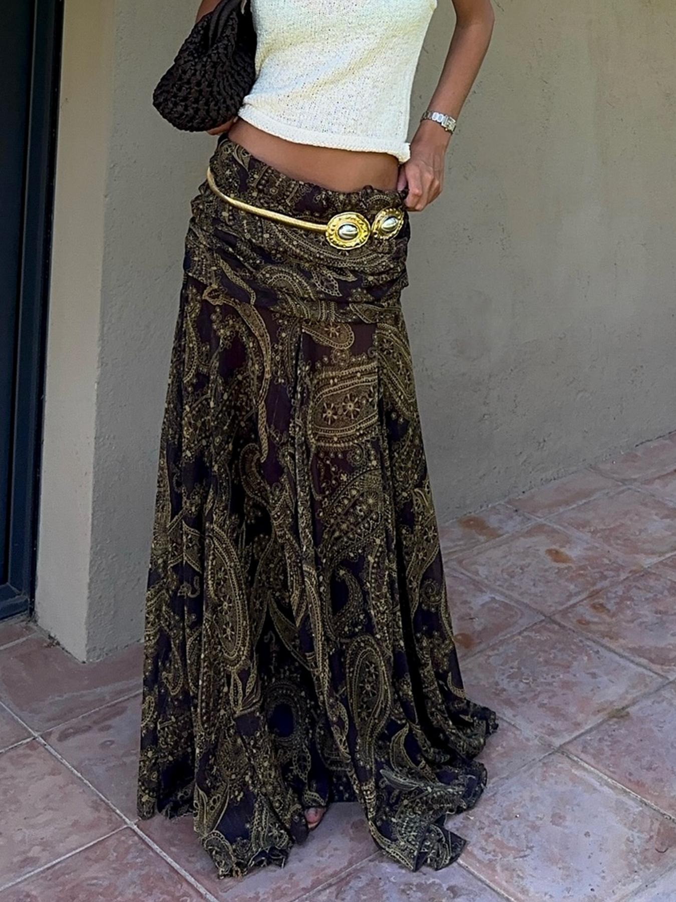 Vintage Mesh Print Fitted Long Maxi Skirt, Bohemian Vacation Style Half Skirt, Elegant Women's Fashion for Spring & Summer, Bottoms