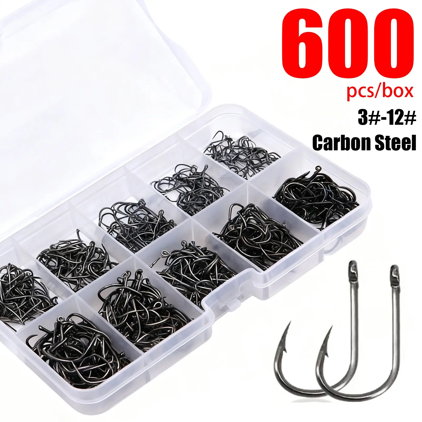 600pcs High Carbon Steel Fishing Hooks Set, Strong Sharp Barbs, 10 Sizes Hooks With Portable Box, 3#-12# Fish Hooks With Hole, Corrosion Resistant, Black/Gold, Freshwater & Saltwater, Fishing Accessories, Father's Day Gift