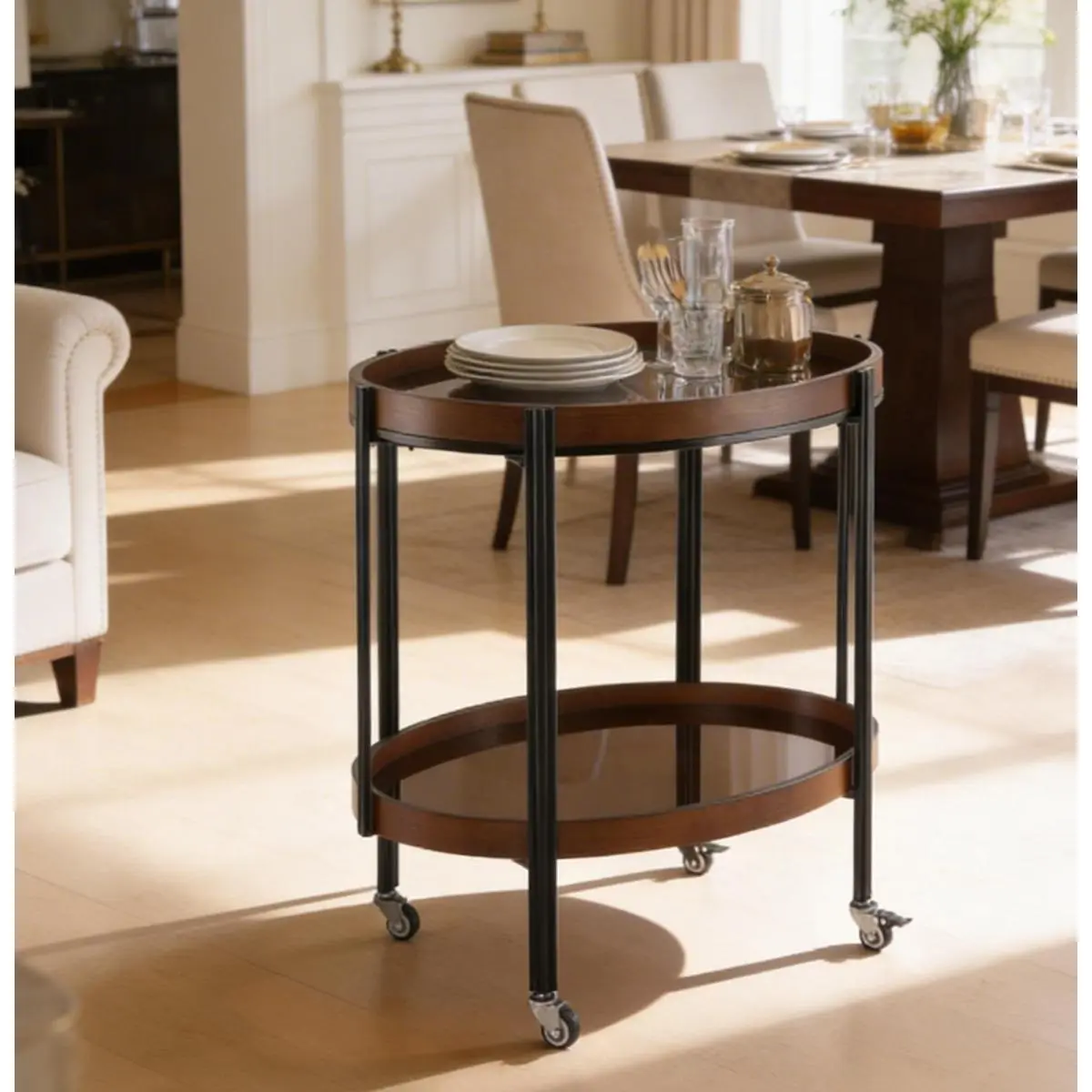 [Fahuac] 2-Tier MDF Wood & Tempered Glass Modern Bar Cart with Black Iron Shelf, Rectangular Indoor Furniture for Home Drink Serving & Entertaining Display, Requires Assembly