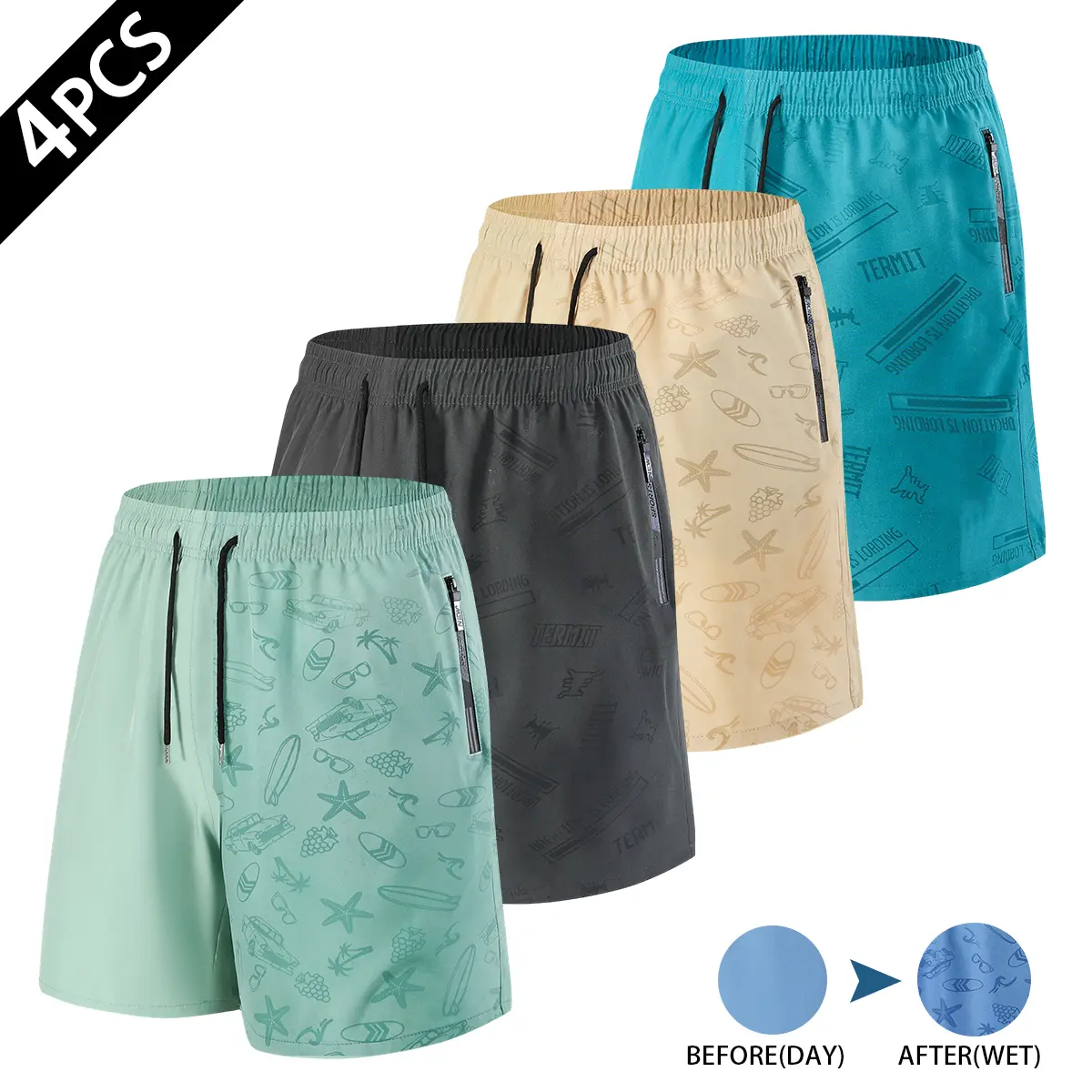 Men 5 Pack Shorts Multiple Color Options Breathable Water Responsive Pattern Beach Shorts Functional Zipper Pockets For Seaside Trip Jogging Home Leisure Male Summer Bottoms