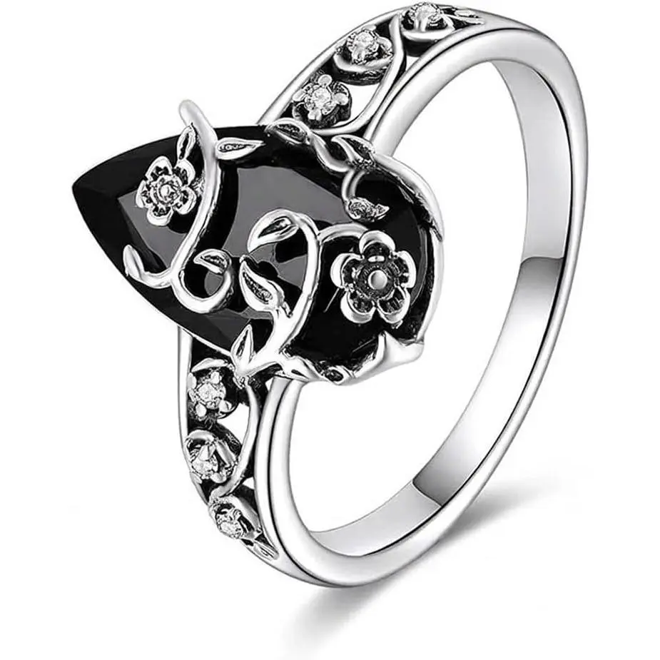 Vintage Gothic Style Black Onyx Floral Vine Ring, Antique Silver Hollow Floral Cubic Zirconia Ring, Dark Academia Witchcraft Aesthetic Dark Gem Stackable Ring, Vintage Twisted Branch Bohemian Style Women's Jewelry Gift