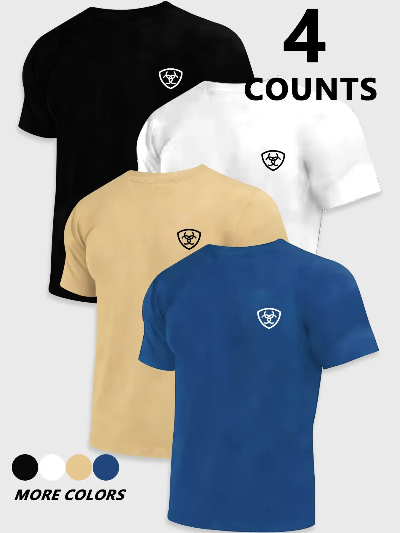 4-Pack Basic Solid Color T-Shirts, Casual Streetwear Fitted Long Sleeve, Ariat Western Style Print, Unisex Four-Color Set, Ideal for Home & Outdoors