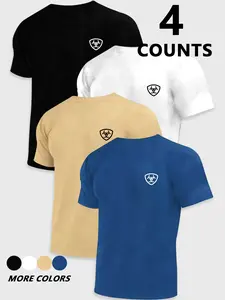 4-Pack Basic Solid Color T-Shirts, Casual Fitted Long Sleeve, Ariat Western Style Print, Unisex Four-Color Set, Ideal for Home & Outdoors