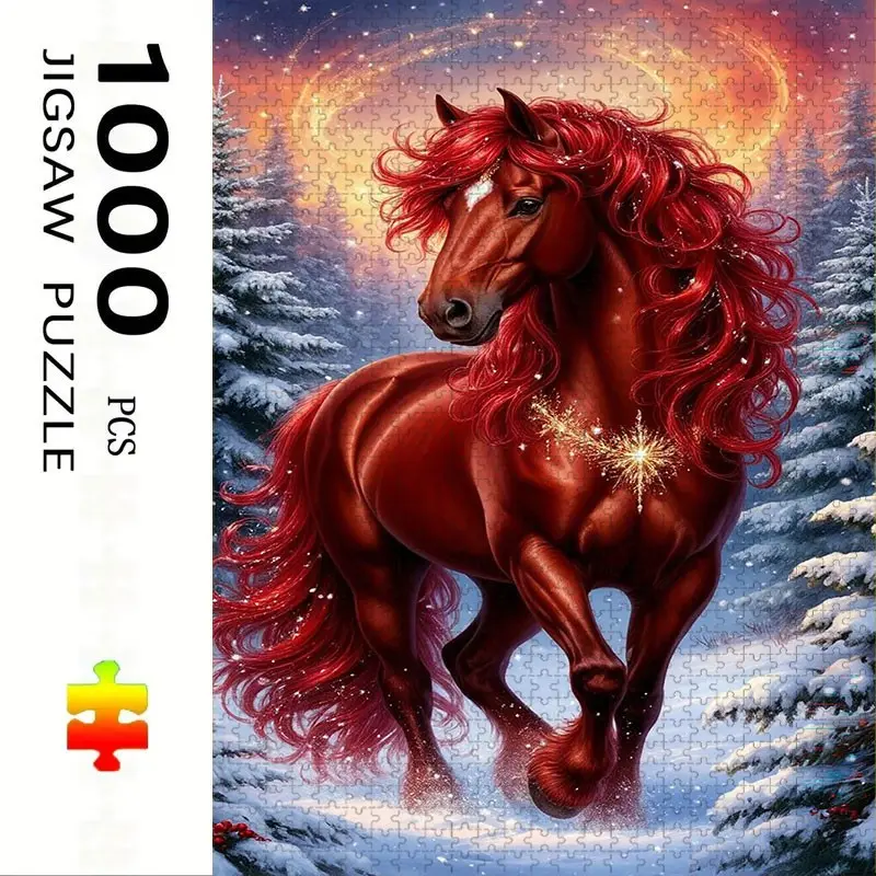 1000 Piece Horse Theme Puzzle, Large Adult Family Interactive Toy, DIY Home Decor Brain Challenge, Holiday Scene, Durable Puzzle