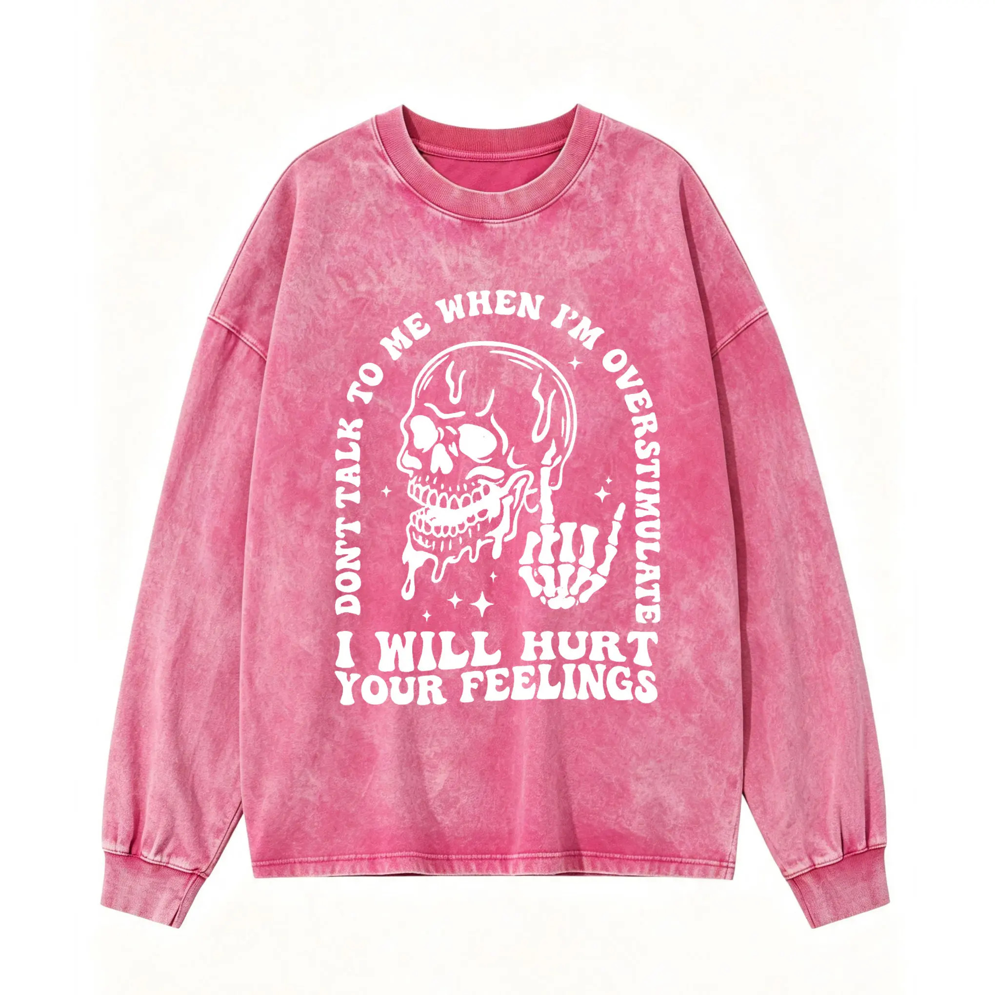 Overstimulated Skeleton Sweatshirt, Pink Acid Wash Graphic Long Sleeve, Sarcastic Introvert Top, Unisex Alt Streetwear