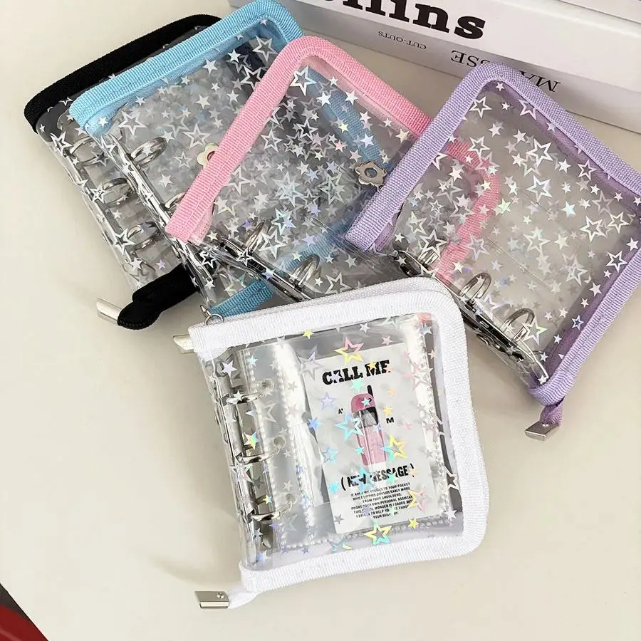 Mini 3 Holes Laser Stars Binder Cover, Metal Zipper DIY Collect Book, 20pcs Sleeves For 3 Inch Postcards, Idol Kpop Cards