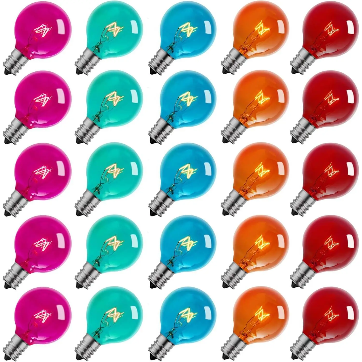 25 Pack G40 Colorful Incandescent Bulb, Vintage Globe Replacement Light Bulb for Christmas Lights, 5 Watt E12 C7 Candelabra Base for Patio Yard Garden Holiday Xmas Decoration