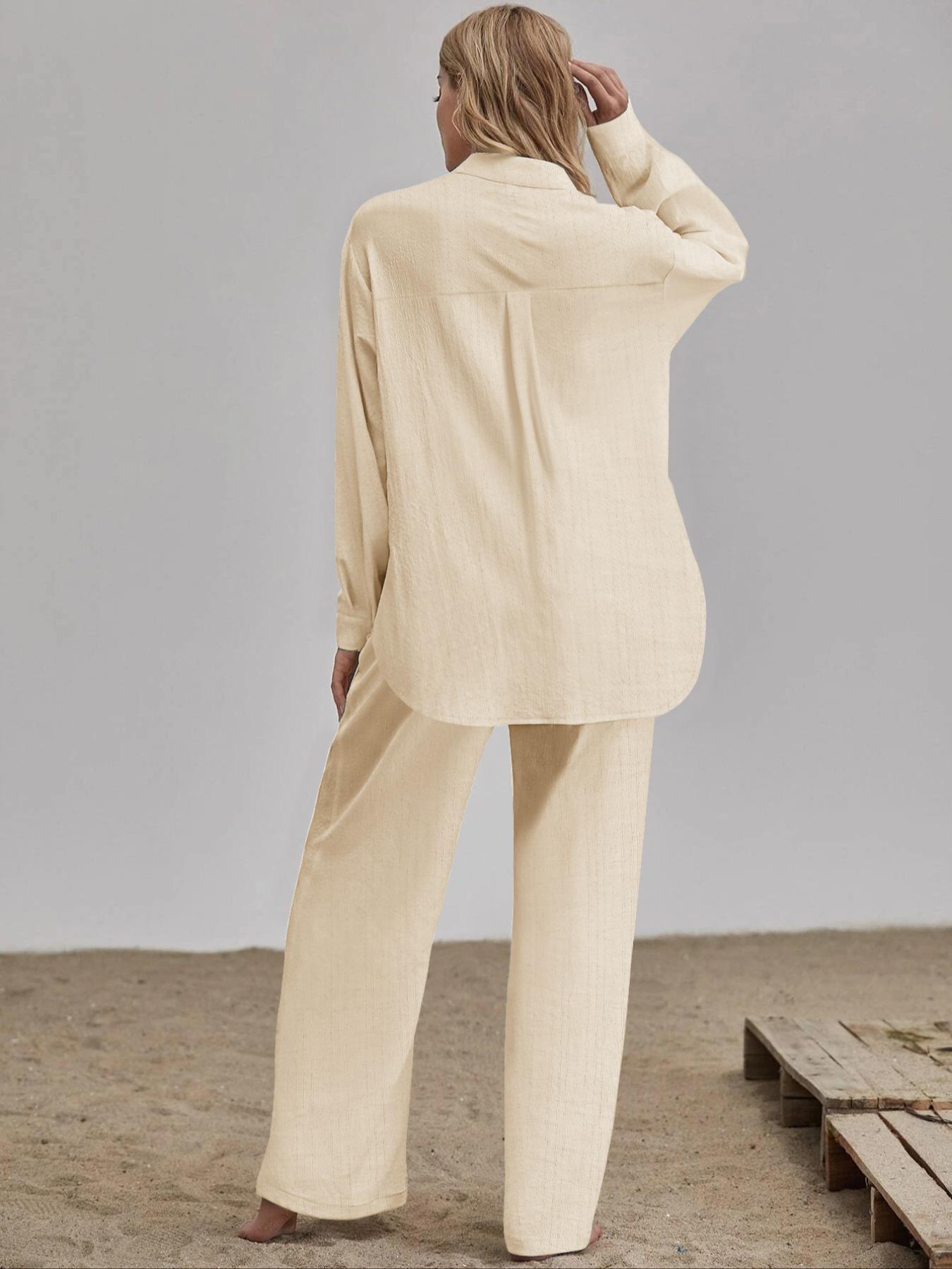 Two-piece Set Women's Solid Color Button Front Shirt & Wide Leg Pants, Casual Comfy Set for Daily Wear, Ladies Clothes for All Seasons, Casual Lounge Set