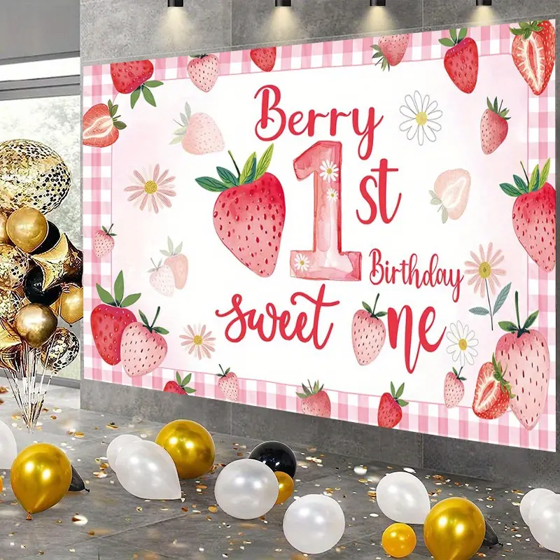 Strawberry Sweet One 1st Birthday Backdrop Decorative Banner, Party Decorations Banners, Pink Strawberry Floral Theme Decoration, 2D Flat Single-Sided Polyester Banner with Metal Grommets, Baby First Birthday Parties, Photo Booths