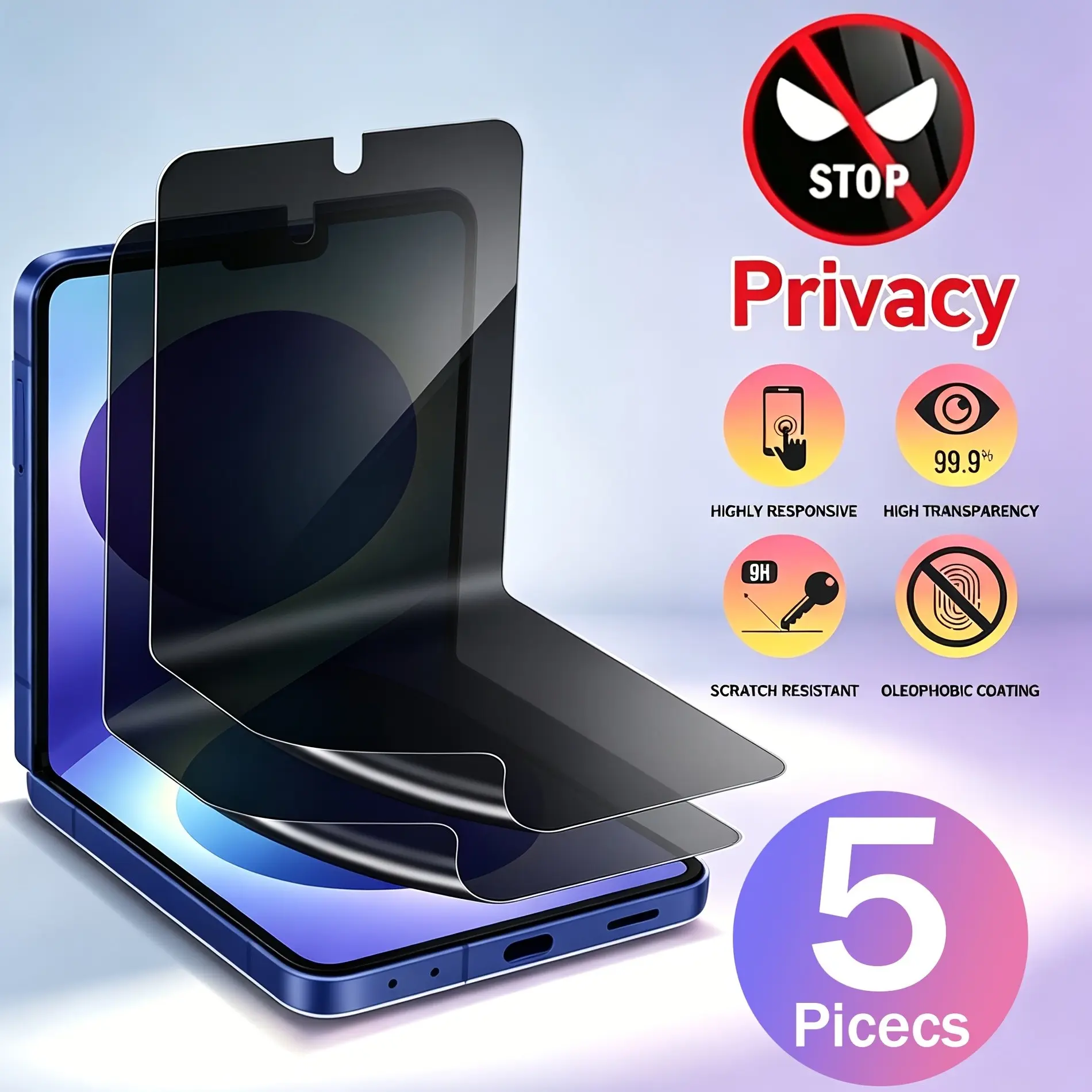 5 pcs Privacy Hydrogel Screen Protector Film For Samsung Galaxy Z Flip 8 7 SE 6 5 4 3 Flip8 Flip7 Flip6 Flip5 Flip4 Flip3, Non-Tempered Glass, Anti-Scratch, Easy Install, Ultra-Thin, Flexible Film