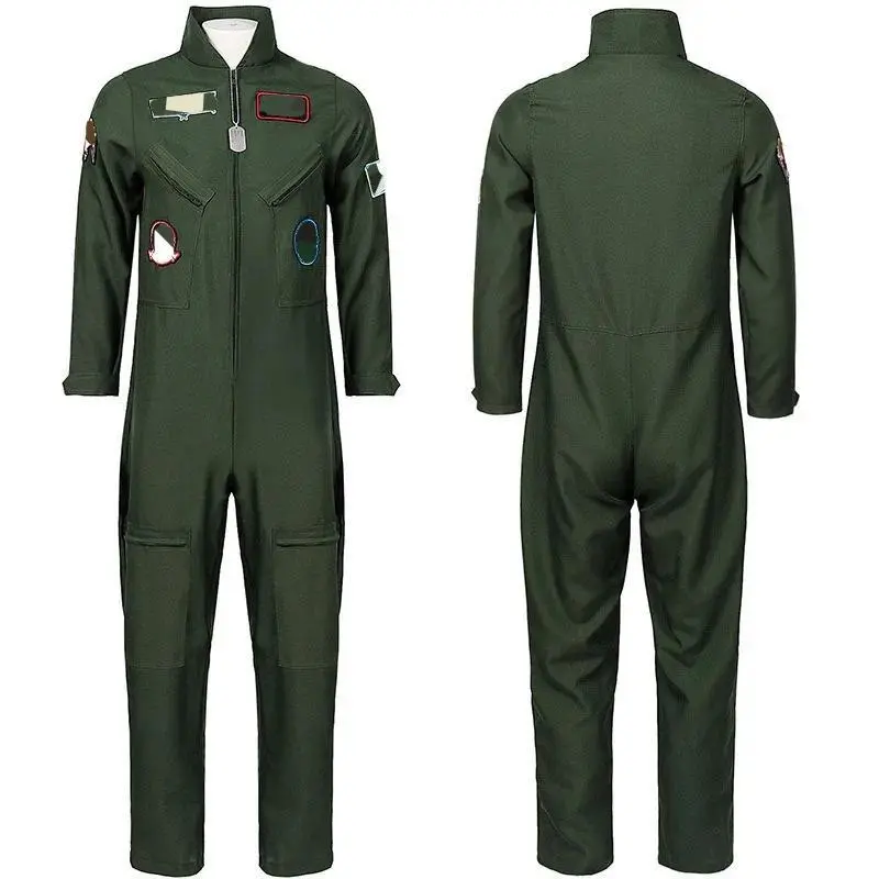Adult Kids Pilot Costume Air Force Flight Suit Roleplay Dress Up with Aviator Accessories Men Army Green Military Pilot Jumpsuit