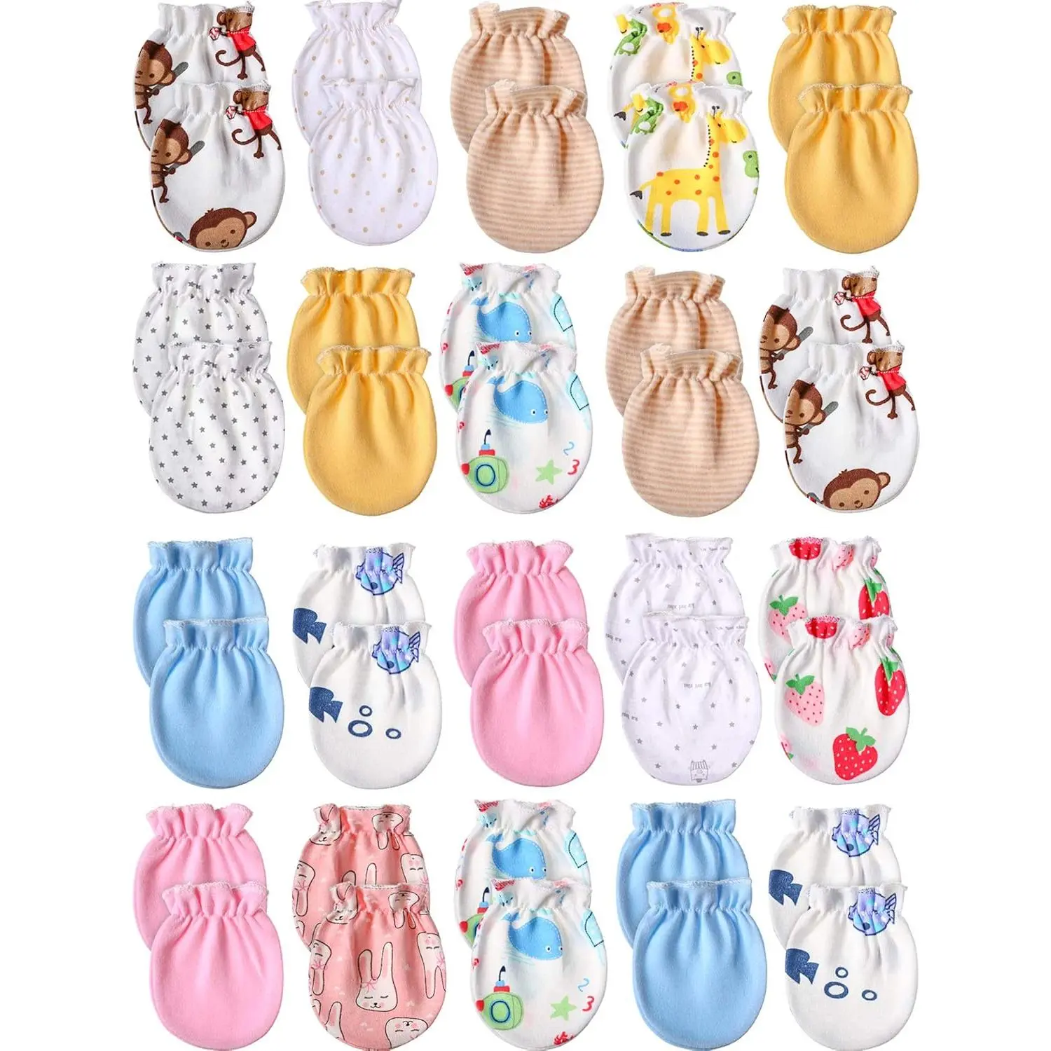 Unisex Multicoloured Newborn Size Baby Gloves Set - 20-Pair Elastic Cotton No-Scratch Mittens with Wrist Cuffs for 0-6 Months Infants